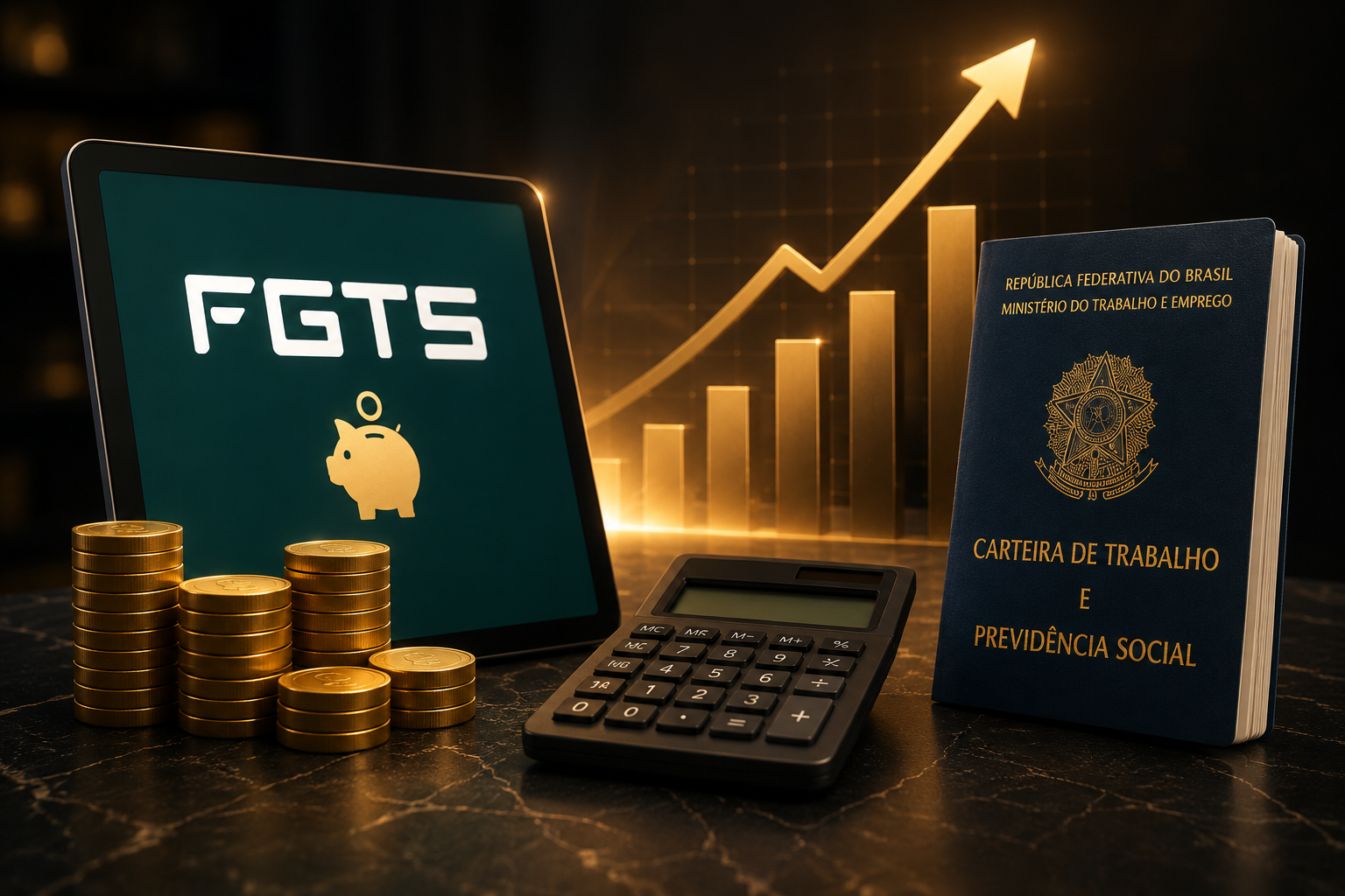 Cálculo do FGTS com moedas, calculadora e carteira de trabalho